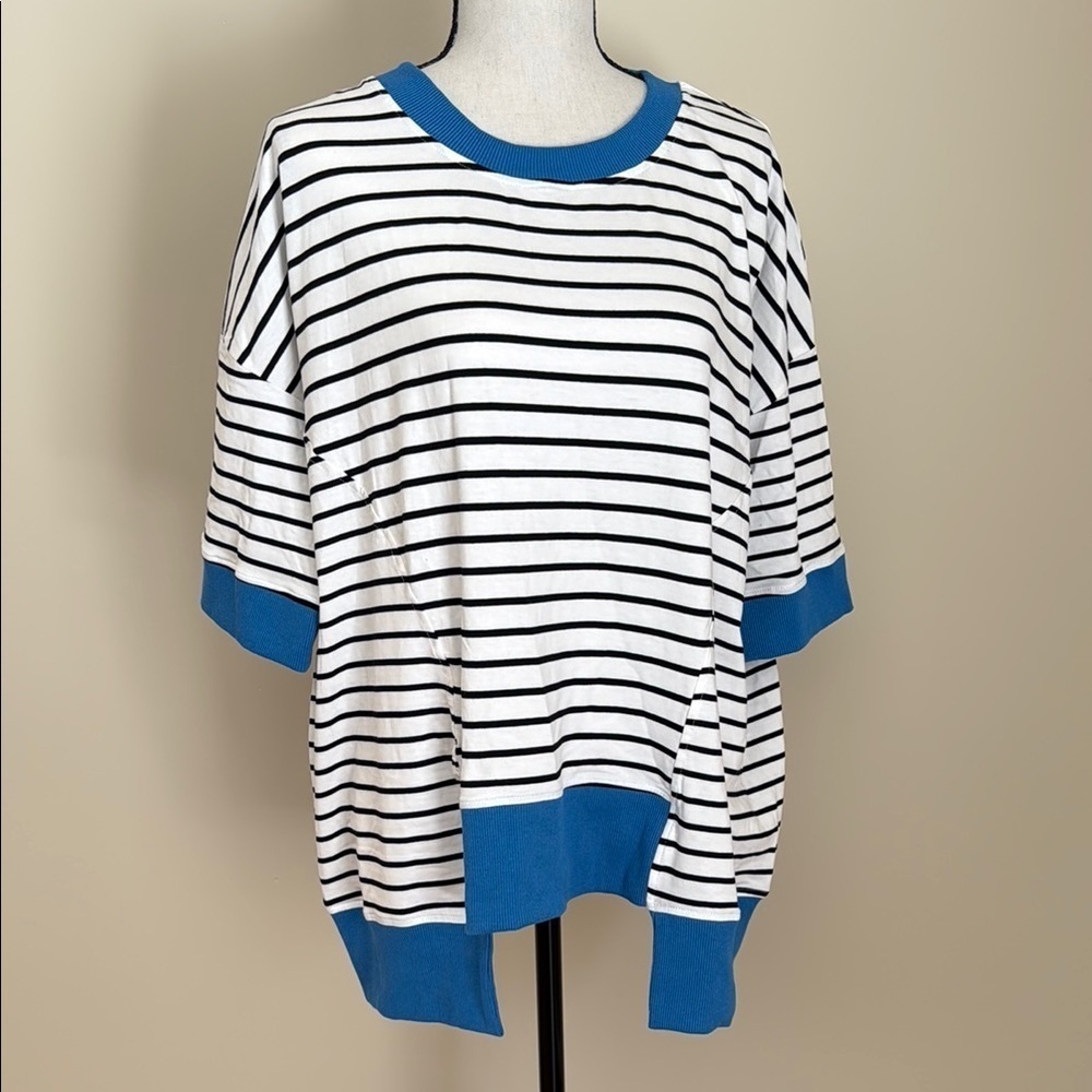 Striped Black and White Top with Blue Rib Accents Asymmetrical Hem Relaxed Fit S